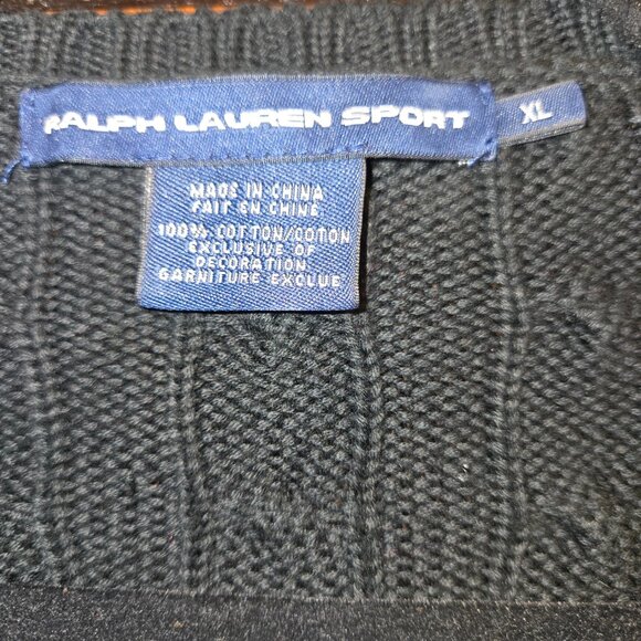 Ralph Lauren Sport Cable Knit V-Neck Sweater XL Black Cotton Purple Pony Classic - Picture 2 of 5